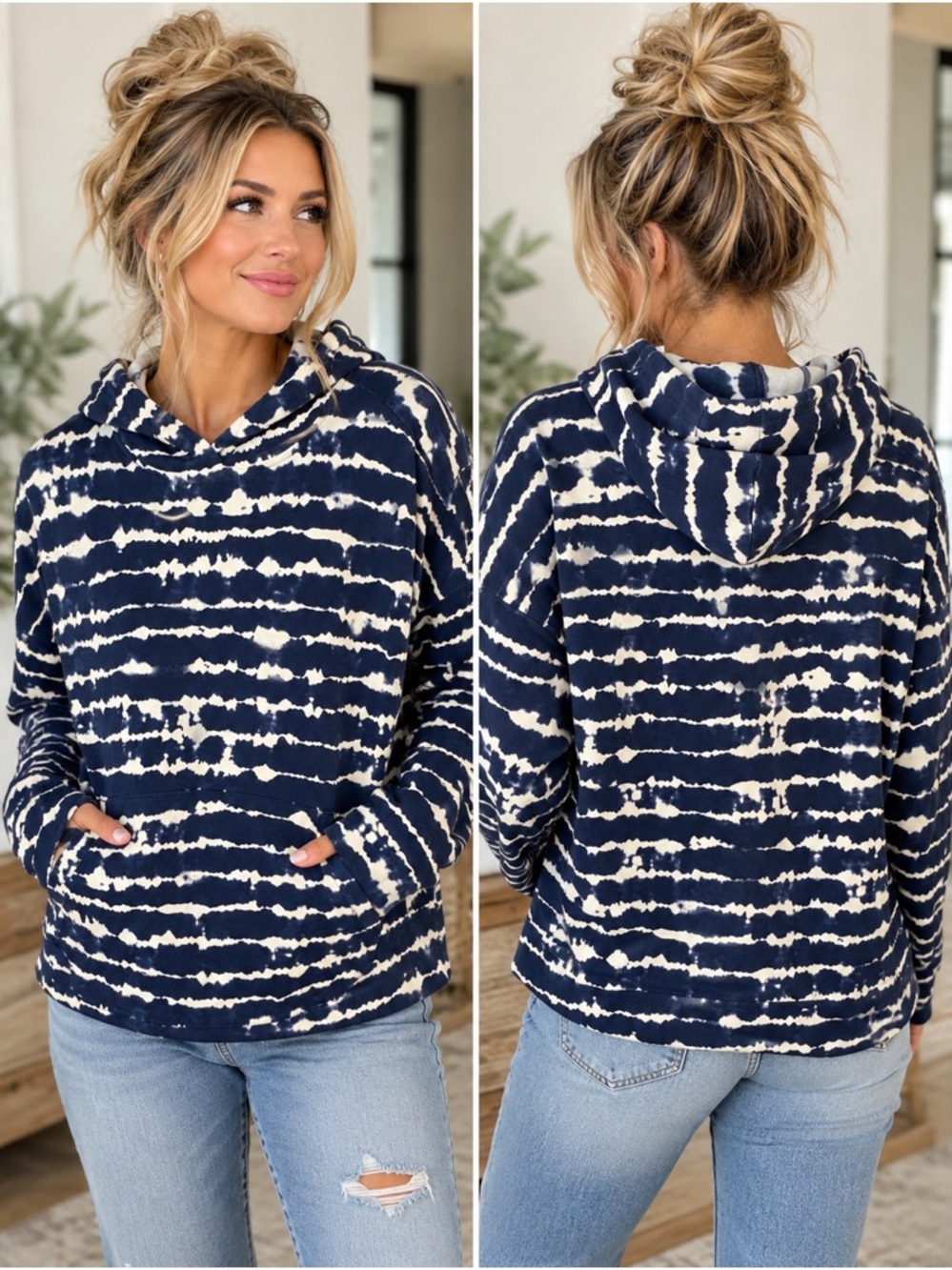 Athleta Balance Printed Hoodie Navy Tie Dye Pullover/MSRP $89